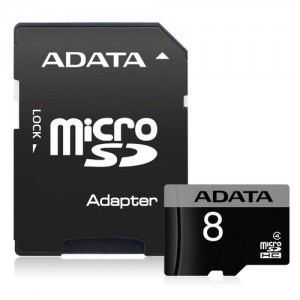 Cartão Memoria Micro SD A-Data 8GB + 1 Adpt. Class 4 - PN # AUSDH8GCL4-RA1