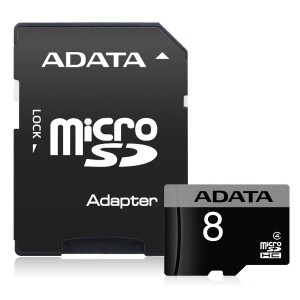 Cartão Mem Micro SD A-Data 8GB + 1 Adpt. Class 4 - PN # AUSDH8GCL4-RA1